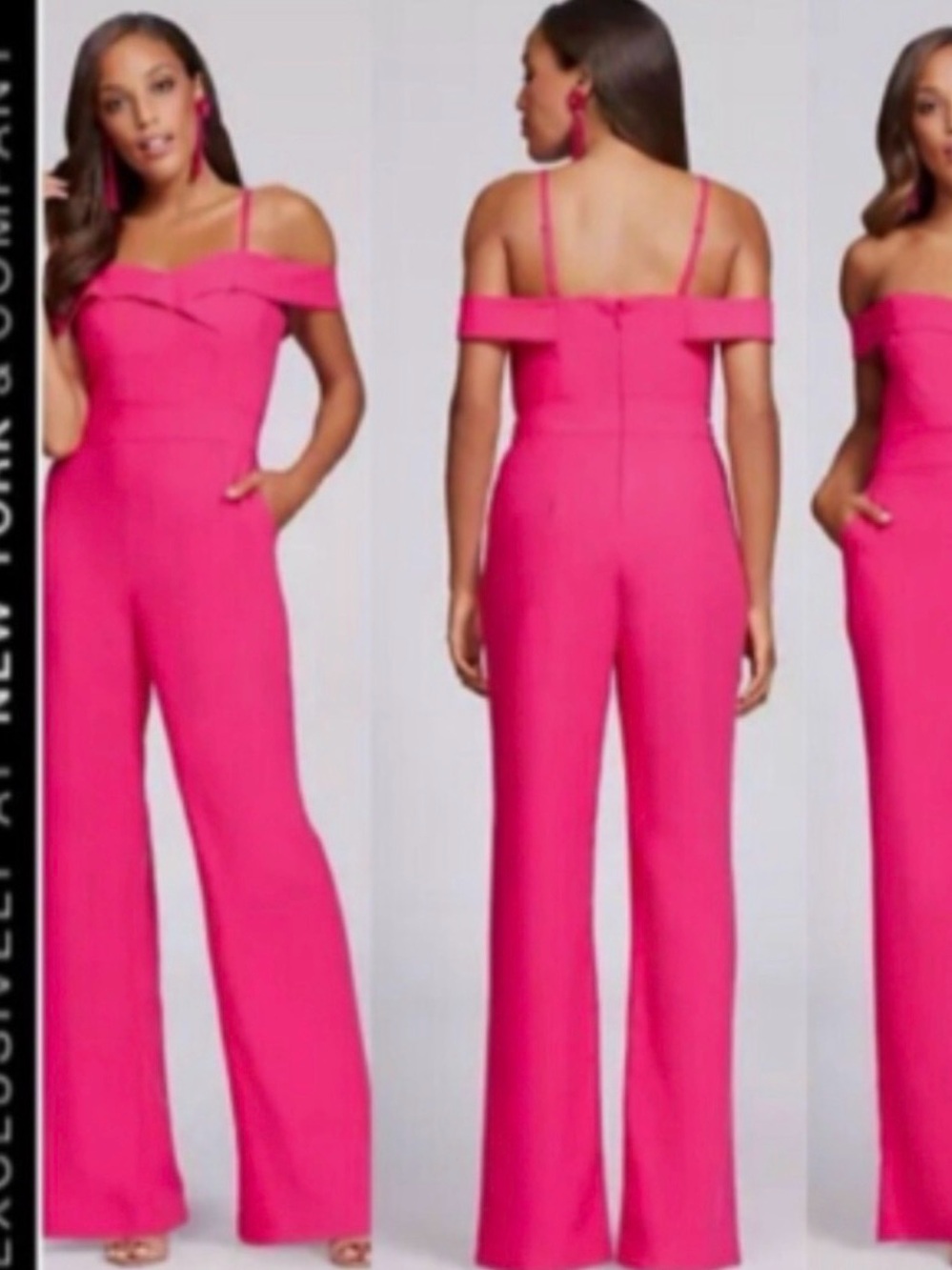 New York & Company Hot Pink Off-Shoulder Wide-Leg Jumpsuit